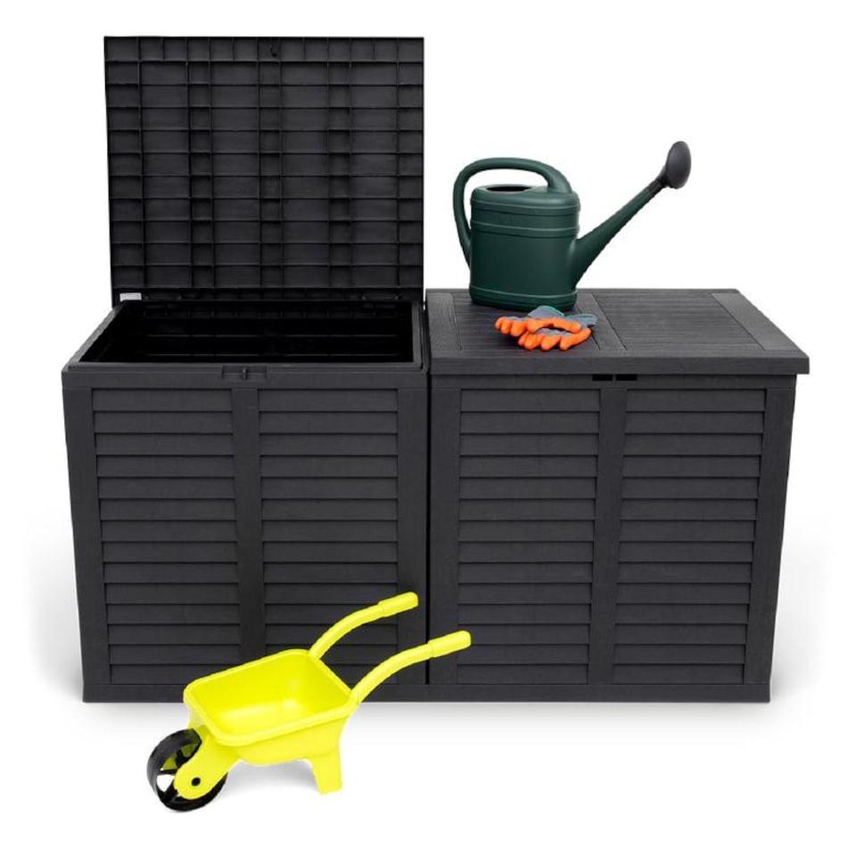image 1 of XXL 750L Garden Storage Box, Black - 155x66x80 cm, Double Lid, Weatherproof