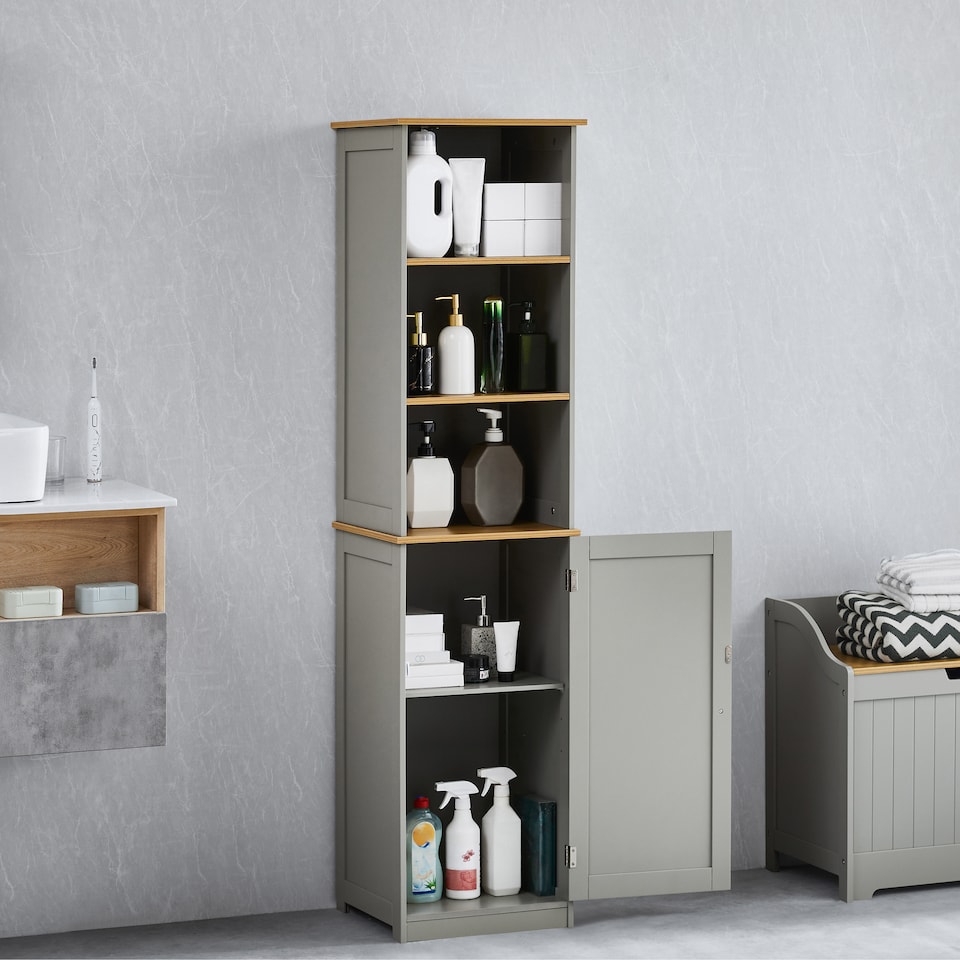 image 1 of Bath Vida Priano 1 Door 2 Shelf Tall Bathroom Cabient, Grey & Oak