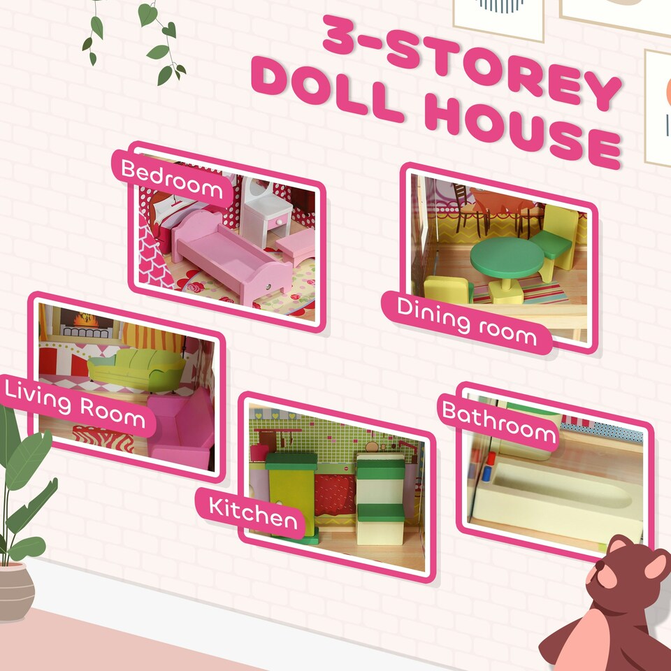 image 1 of AIYAPLAY Dolls House with 13 Wooden Furniture Pieces, for Ages 3-6 Years