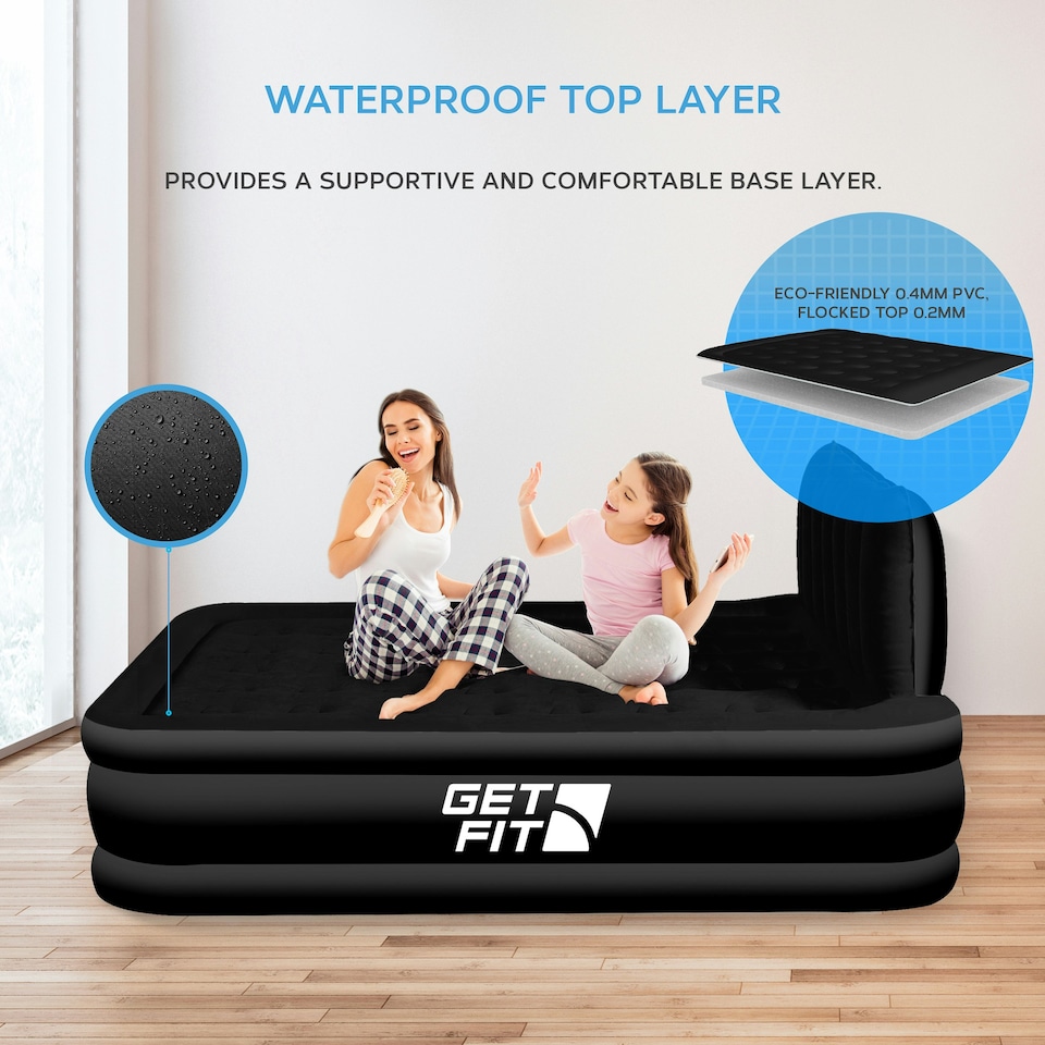 image 1 of Get Fit Air Bed With Built In Electric Pump - Premium Double Airbed - Quick Blow Up Bed With Headboard & 2 Free Inflatable Pillows - Air Mattress- Black Mono