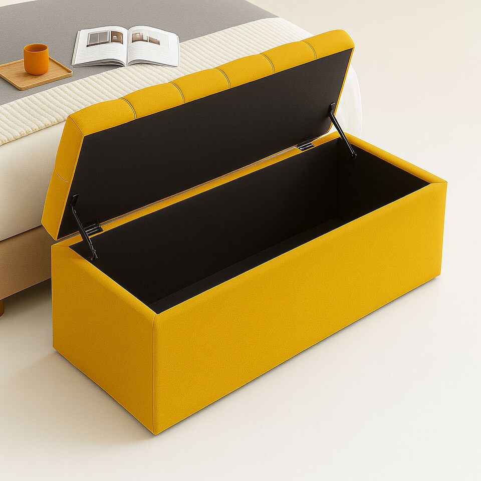 image 1 of 90cm Chesterfield Ottoman Storage Box, Mustard Gold Plush Velvet Upholstered Blanket Box, End of Bed Bench, Deep Storage Chest
