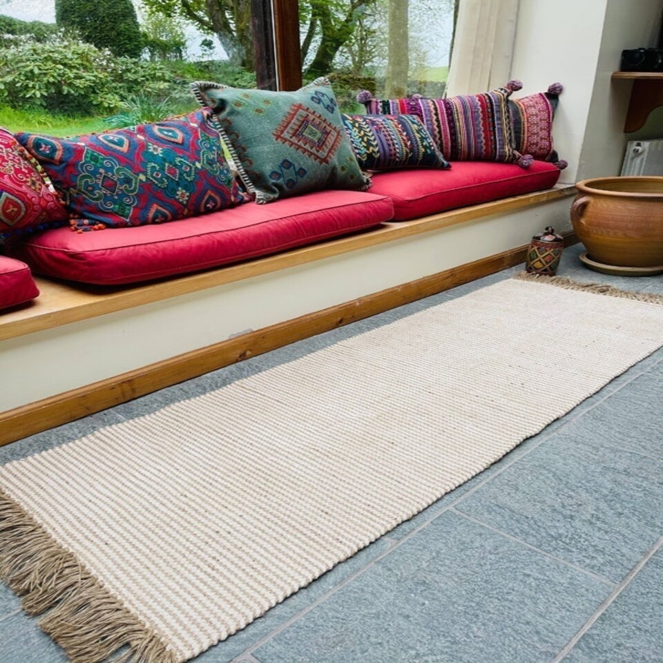 image 1 of Colva Rug Yarn in Natural Beige Ivory Stripes - Cotton - L90 x W150 Brown