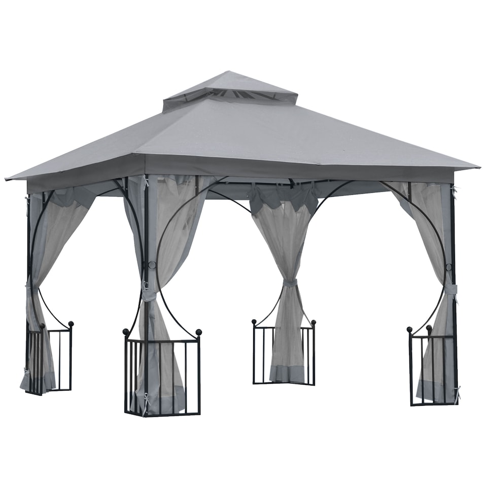 image 1 of Outsunny 3 x 3m Garden Gazebo Patio Party Tent Shelter Outdoor Canopy Double Tier Sun Shade with Metal Frame and Netting, Light Grey