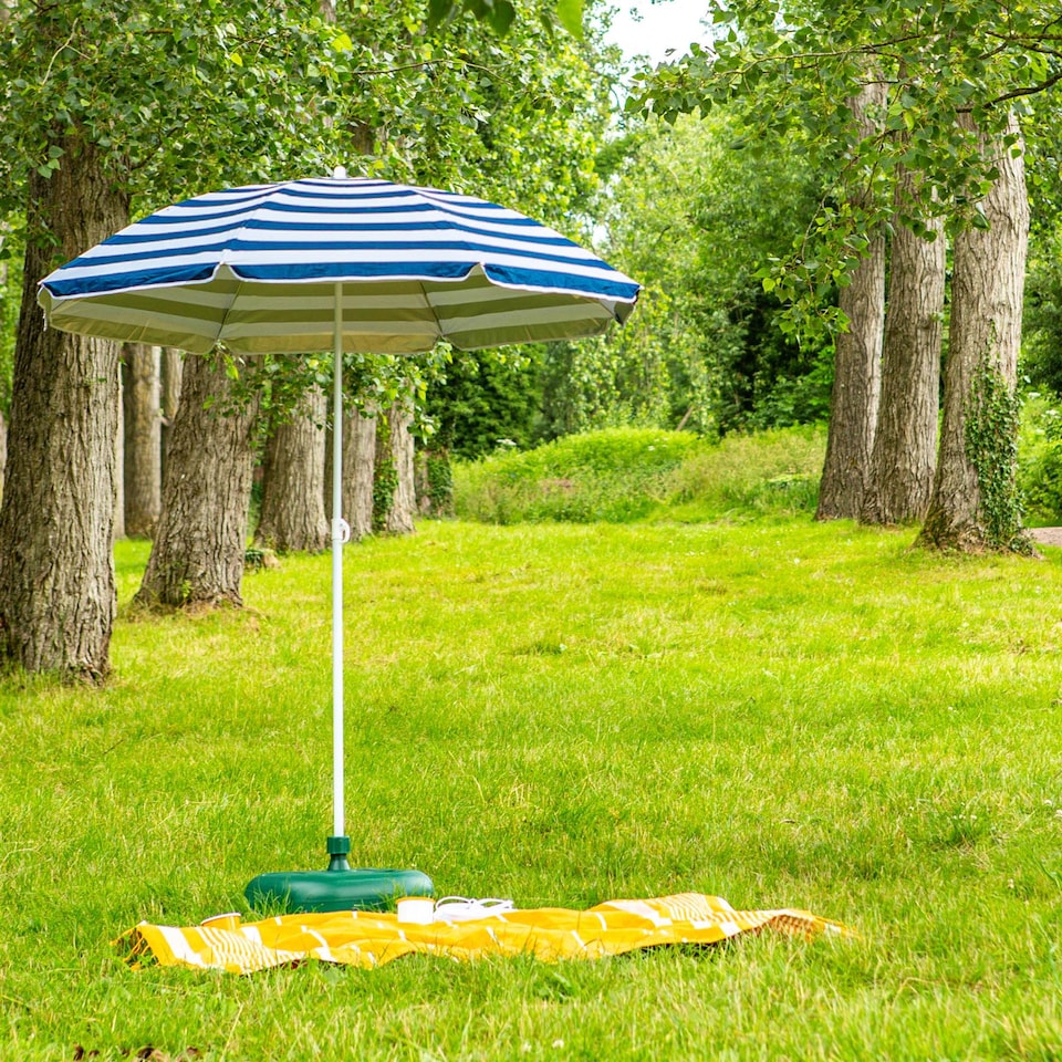 image 1 of Harbour Housewares Metal Beach Parasol & Base Set - 1.74 x 1.93m - Blue Stripe/Green