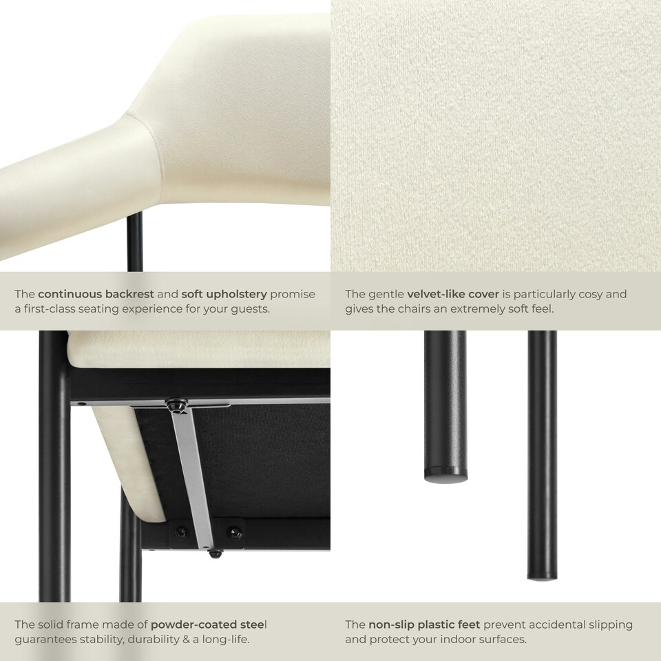 image 1 of Armchair Doe - durable fabric, black powder-coated legs, 120 kg load, 58 x 62 x 85 cm - Set of 4 White | Velvet Look Off-White
