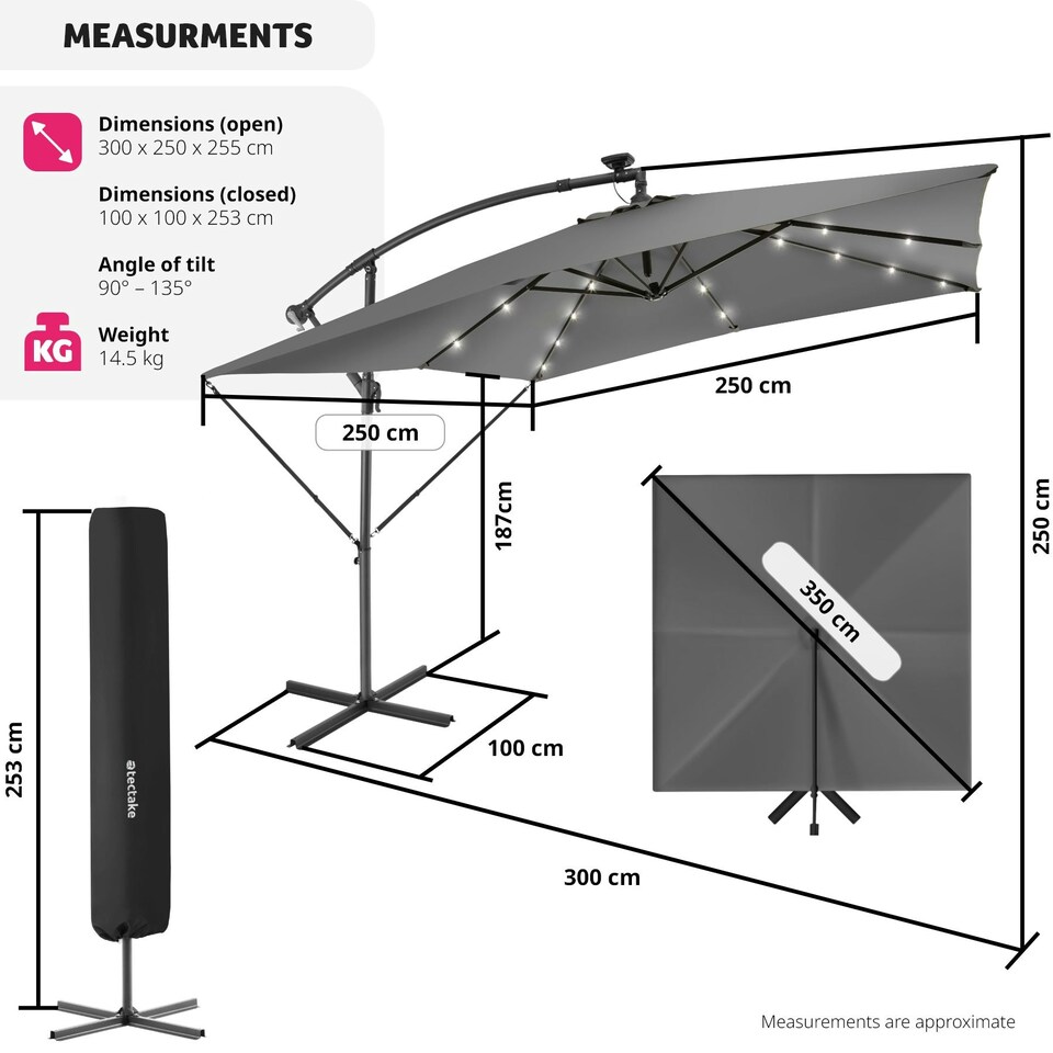 image 1 of Parasol Sunna - 250 x 250 cm with LED solar lighting, with protective cover Grey | Light Grey
