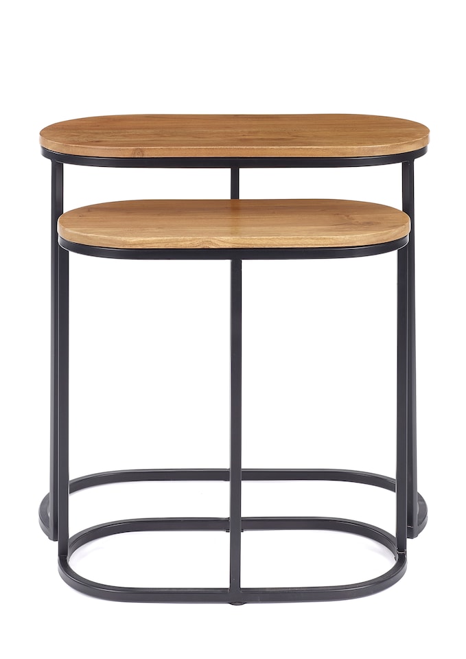 image 1 of Wooden Dark Brown Black Metal Oval Nest Of Two 2 Tables End Side Lamp H61 x W62 x D32cm