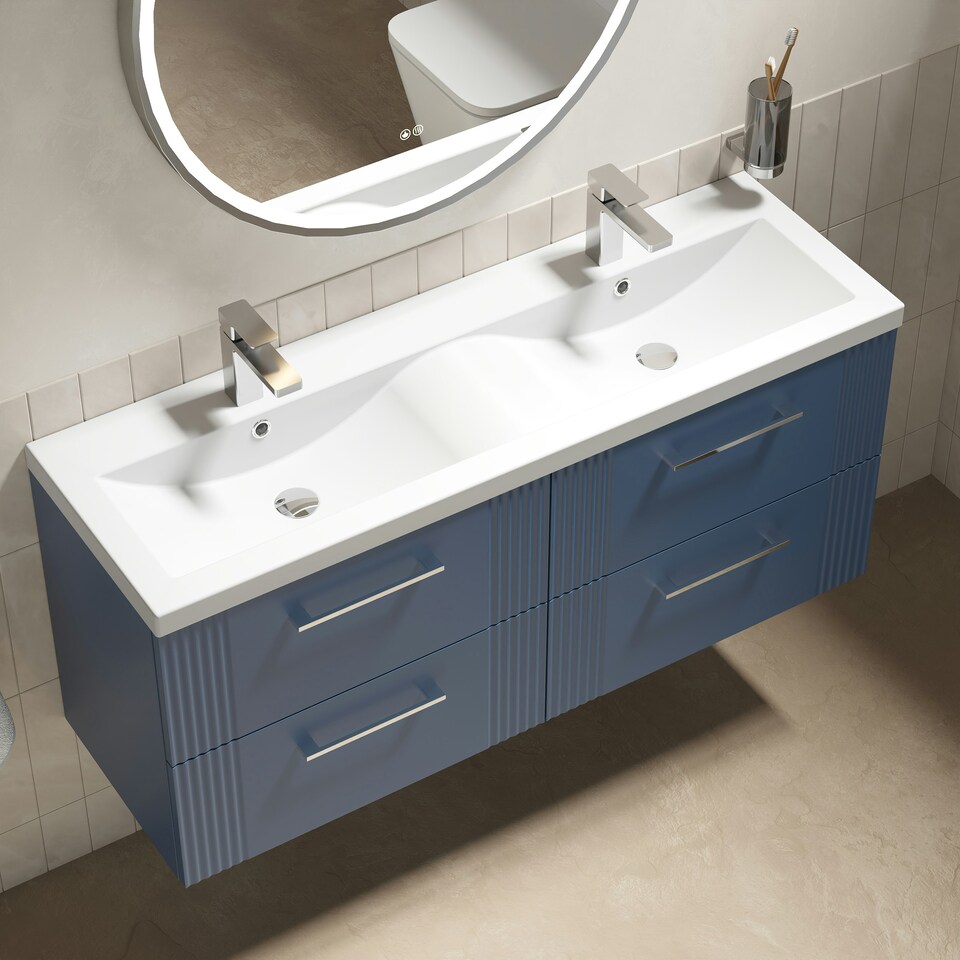image 1 of Retro 4 Drawer Wall Hung Vanity Unit with Double Ceramic Basin - 1200mm - Satin Blue - Balterley Blue