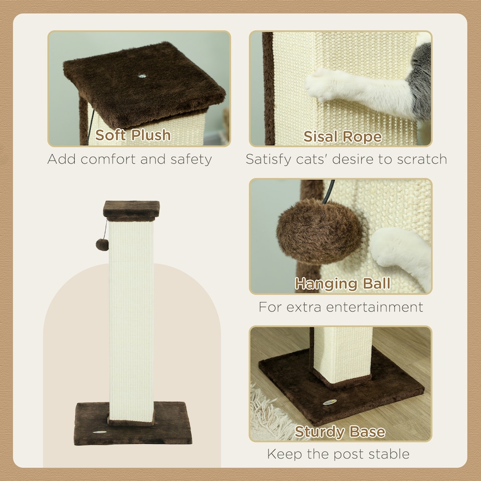 image 1 of PawHut Cat Scratching Post with Vertical Sisal Rope Ball Plush, 81cm, Brown