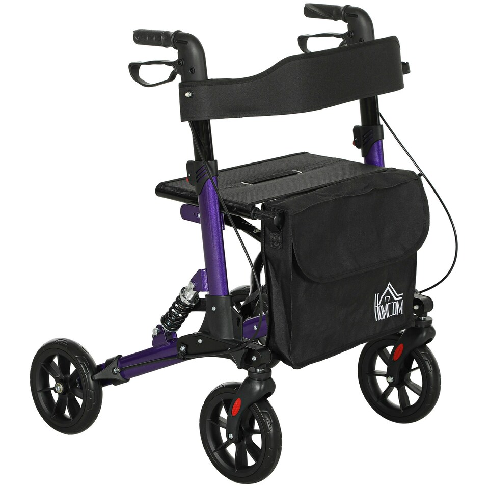 image 1 of HOMCOM Folding Rollator Walker with Seat, Backrest, Bag, 4 Wheels, Purple