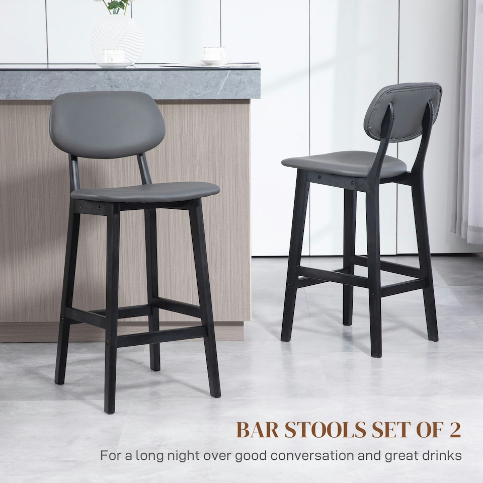image 1 of HOMCOM Breakfast Bar stools Set of 2 with PU Leather Cover, Wood Legs, Dark Grey
