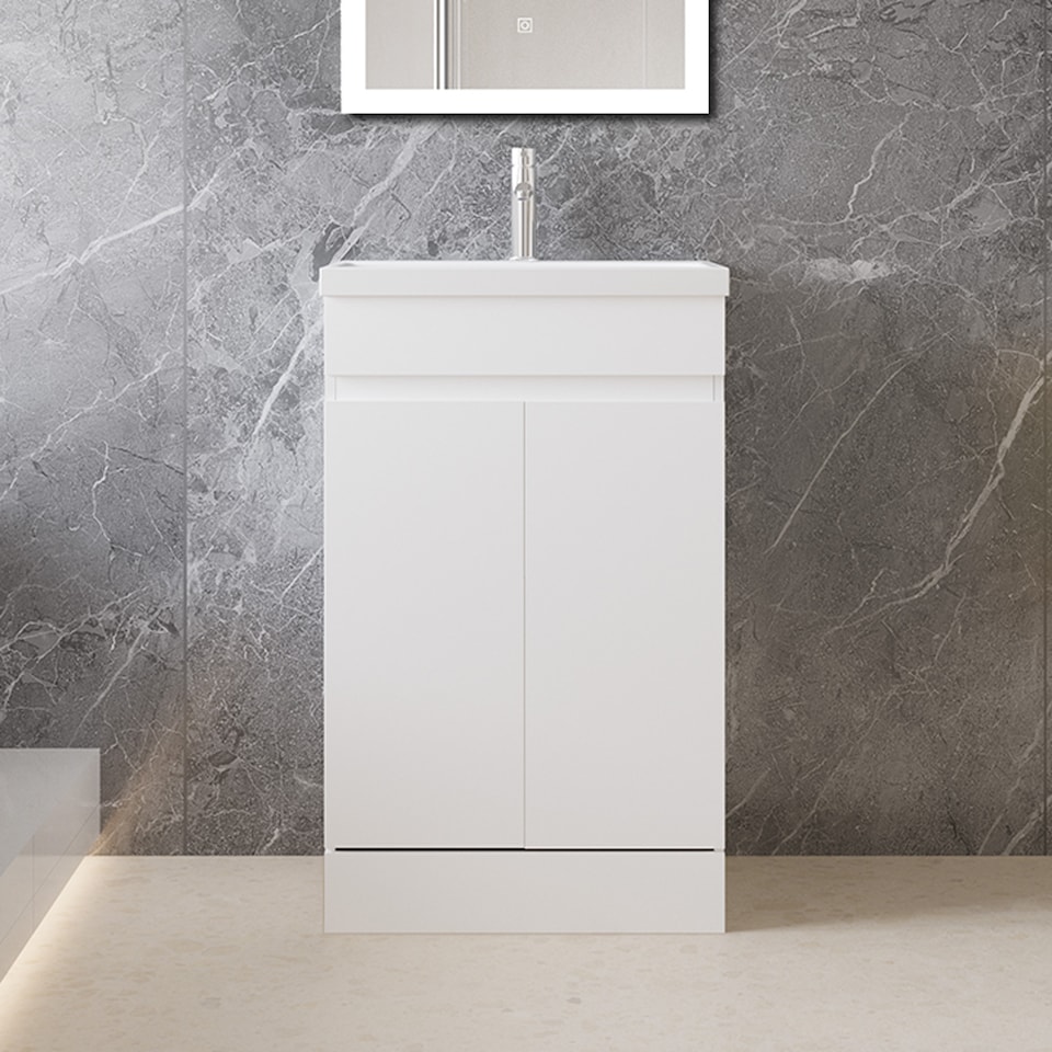 image 1 of AICA 500mm Gloss White Bathroom Vanity Unit With Basin Double Door Floor Standing Design Flat Packed