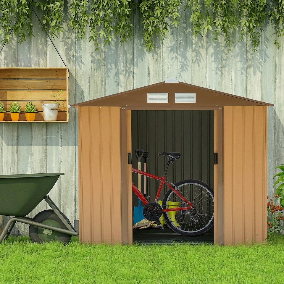 image 1 of Outsunny 7 x 4ft Garden Shed Storage with Foundation and Vents, Yellow