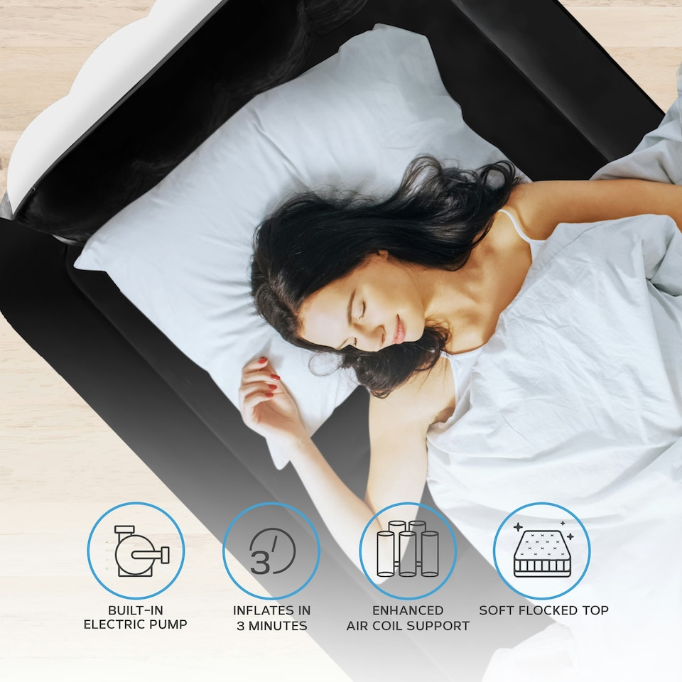 image 1 of Get Fit Air Bed With Built In Electric Pump - Premium Single Airbed - Quick Blow Up Bed With Headboard & Inflatable Pillow - Elevated Air Mattress- White/Black