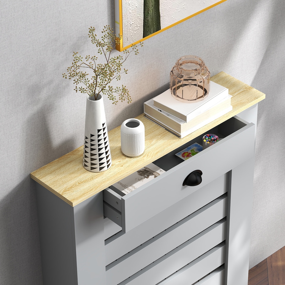 image 1 of HOMCOM Radiator Cover with Drawer, Horizontal Slatted Grill, Grey Painted MDF Wood Cabinet Shelf Heating Cover for Living Room Bedroom Hallway, Small