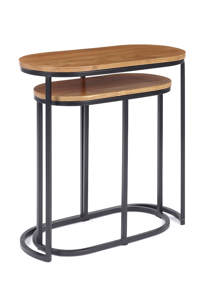image 1 of Wooden Dark Brown Black Metal Oval Nest Of Two 2 Tables End Side Lamp H61 x W62 x D32cm