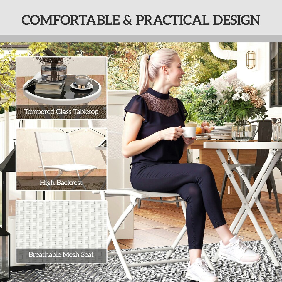 image 1 of Outsunny 3 Pieces Outdoor Bistro Set, Glass Top Table and Chairs, White