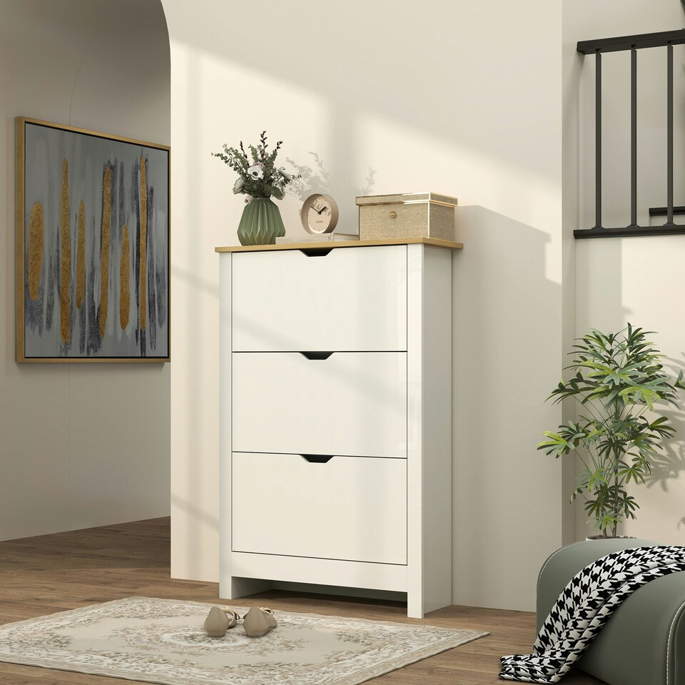image 1 of HOMCOM 18-Shoe Storage Cabinet 6 Shelves 3 Drawers White | Oak | 72cm x 26cm x 112cm