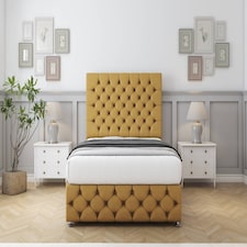 Sloomy Watson Mustard Plush Divan Bed With Mattress 4 Drawers With 54" Floor Standing Headboard & 12" Matching Footboard 5' King | Gold | Mustard | King | 1
