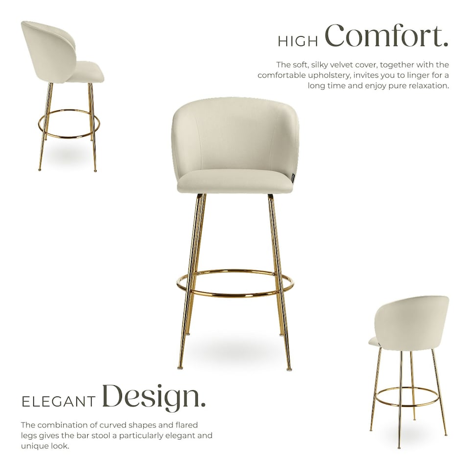 image 1 of Bar Stool Luana - with backrest, velvet look and padded - Set of 2 Cream | Gold
