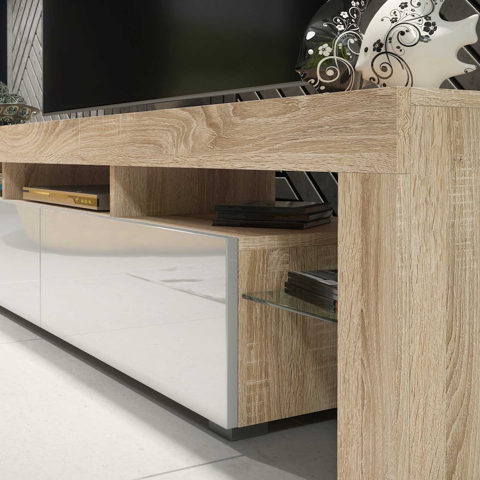 image 1 of TV Stand TV Unit Cabinet Sideboard Media Cabinet Storage Oak White High Gloss 200cm