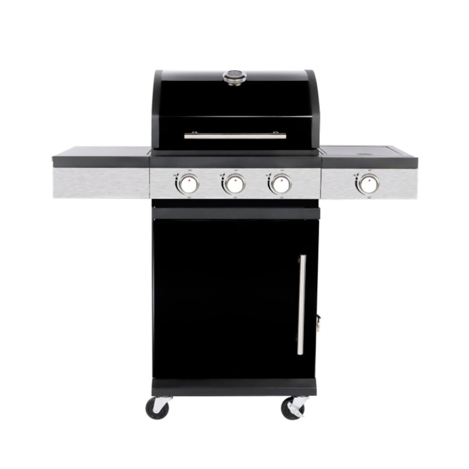 image 1 of 3 + 1 Burner Gas BBQ Grill with Built-in Thermometer, Folding Shelves & Warming Rack
