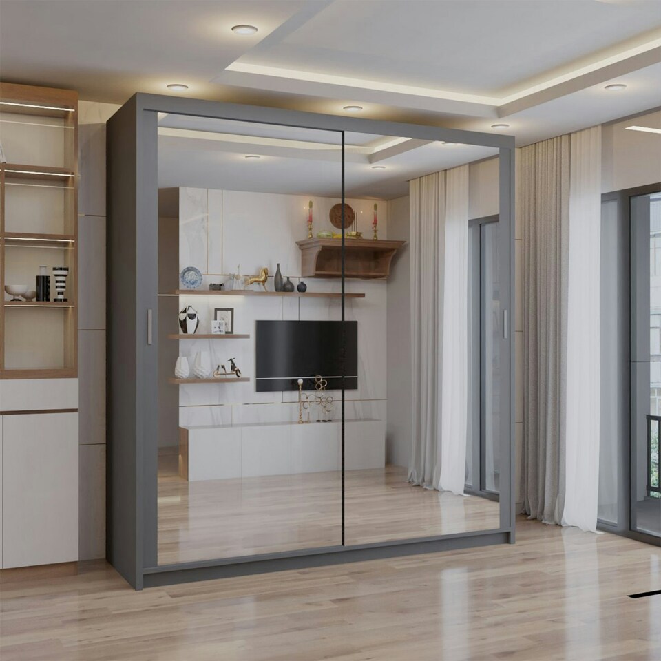 image 1 of Sliding wardrobes 4U Modern Full Mirror Sliding Door Wardrobe Multi Size & Color Options - 100cm Grey | 100cm