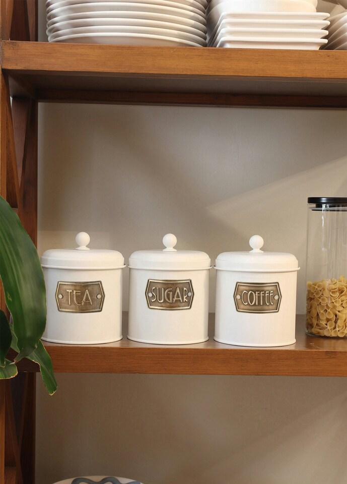 image 1 of White Coffee, Tea, And Sugar Canister Set - 17 cm (H) x 13 cm (Dia)