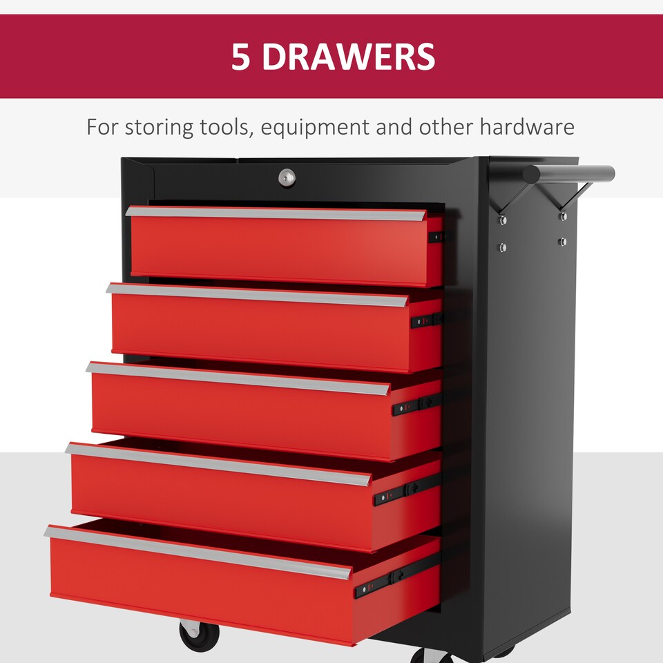 image 1 of HOMCOM Steel 5-Drawer Tool Storage Cabinet Lockable with Wheels Handle 2 Keys Garage Equipment Trolley Home Work DIY Workshop Chest Red | Red | Black | 1
