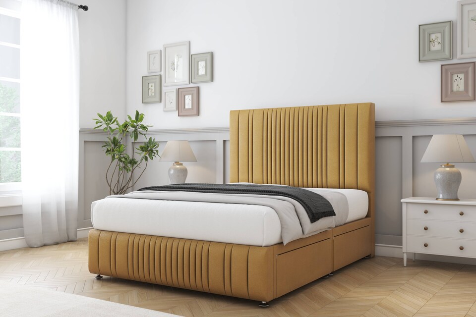 image 1 of Sloomy Kingsley Mustard Plush Divan Bed Base 2 Drawers Right Side With 54 Inch Floor Standing Headboard & 12 Inch Matching Footboard | Gold | Mustard | Super King | 1
