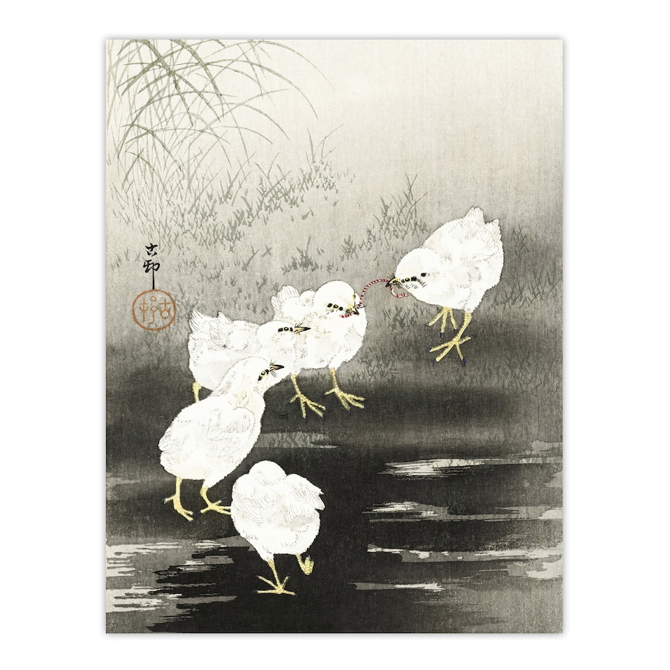 image 1 of Chicks Birds Worms Vintage Japan Wall Art Print Ohara Koson 24x32"