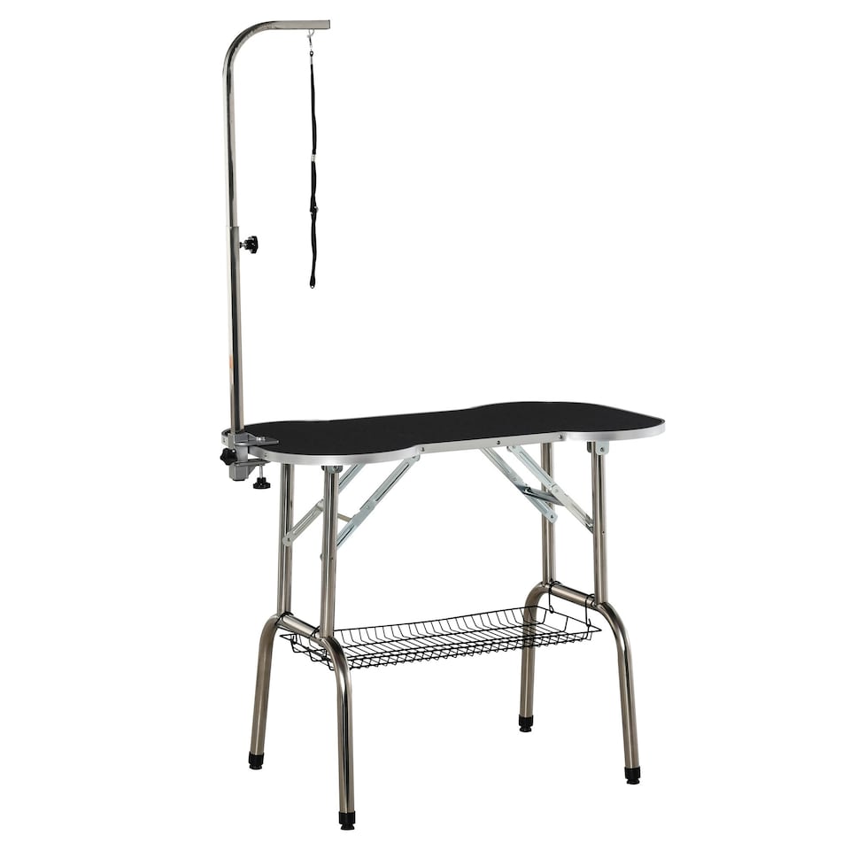 image 1 of PawHut Pet Foldable Grooming Table w/ Adjustable Arm Non-Slip Tabletop Leash