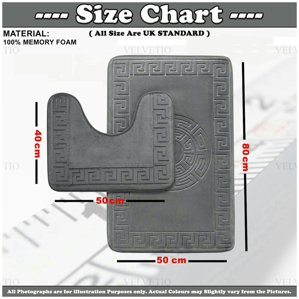 image 1 of VELVETIO Bath Mat Set Greek Pattern Anti Slip Memory Foam Toilet Rug Grey | Charcoal