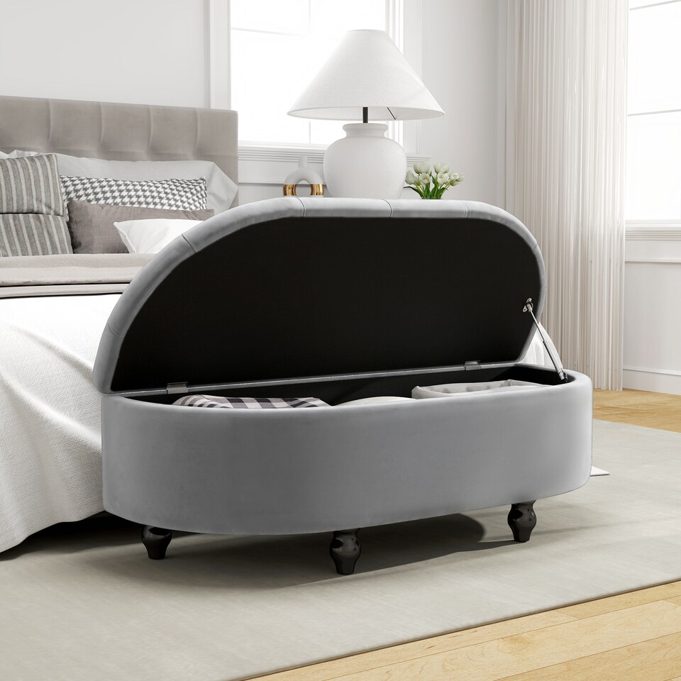 image 1 of HOMCOM Semi-Circle Storage Ottoman Bench Tufted Upholstered Grey