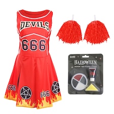 Devil Cheerleader Costume - Facepaint and Pom Poms | Red | 2XL