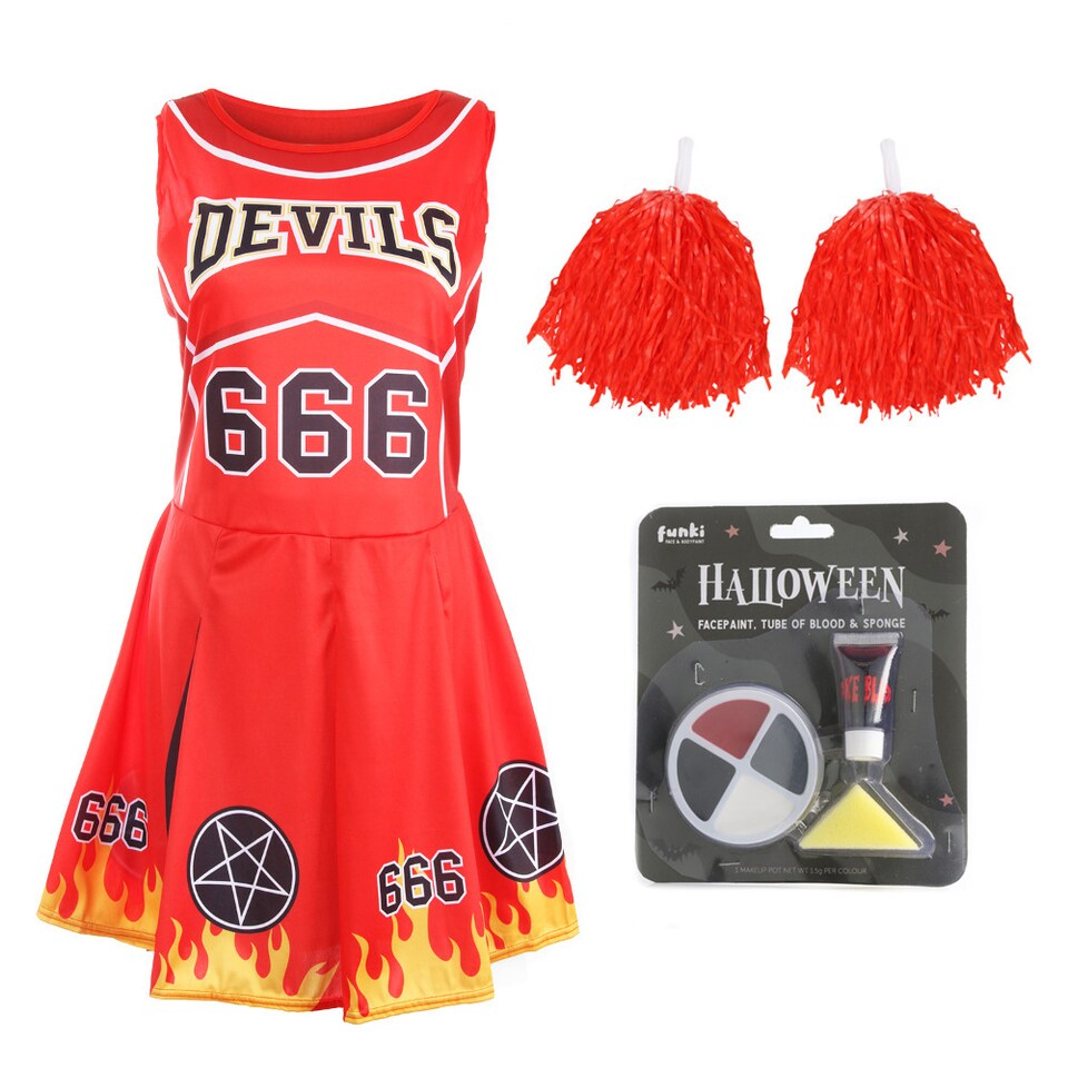 image 1 of Devil Cheerleader Costume - Facepaint and Pom Poms | Red | 2XL