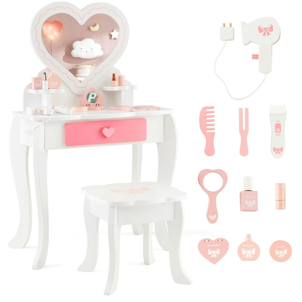 image 1 of COSTWAY 2-in-1 Kids Vanity Set Makeup Table & Chair Set