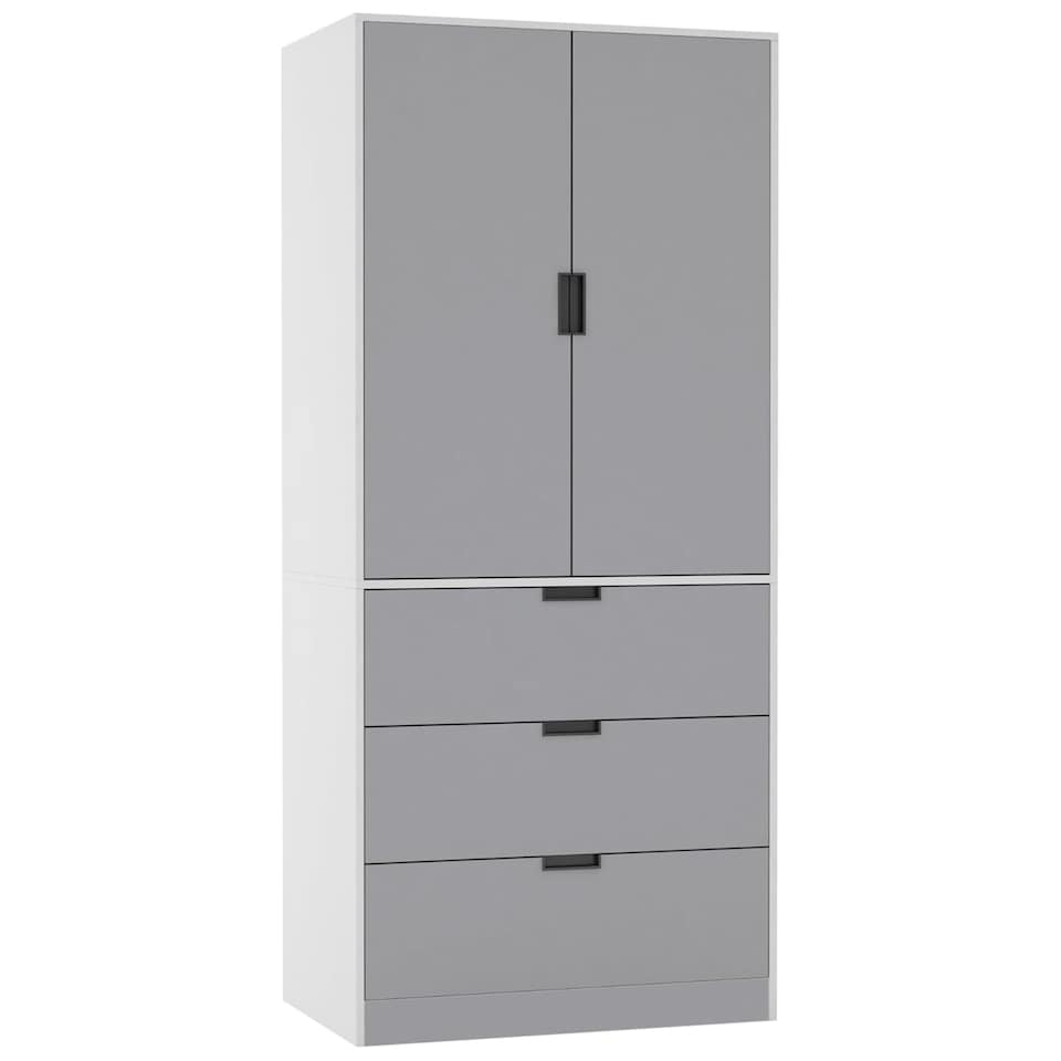 image 1 of 2 Door 3 Drawer Wardrobe with Hanging Rail - Modern Bedroom Storage Furniture | White | White with Grey Doors | 1