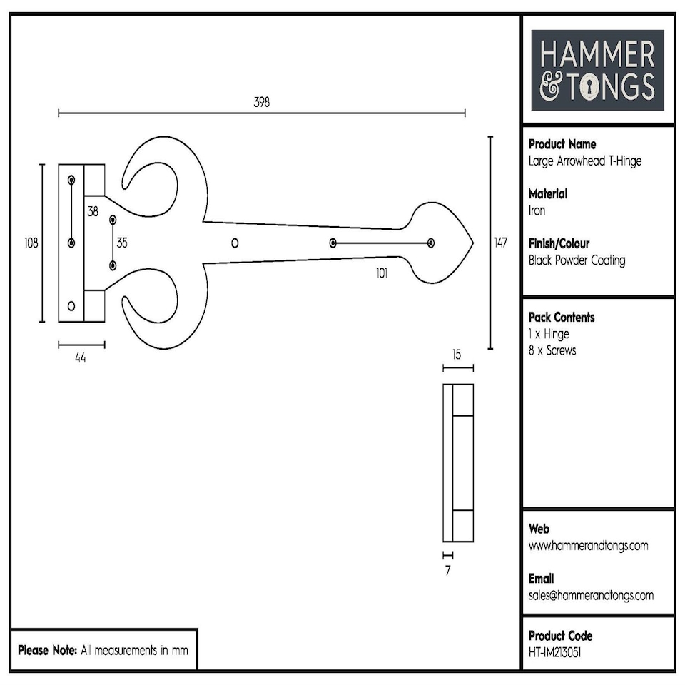 image 1 of Hammer & Tongs Arrowhead T-Hinge - W400mm - Black | Black | Black