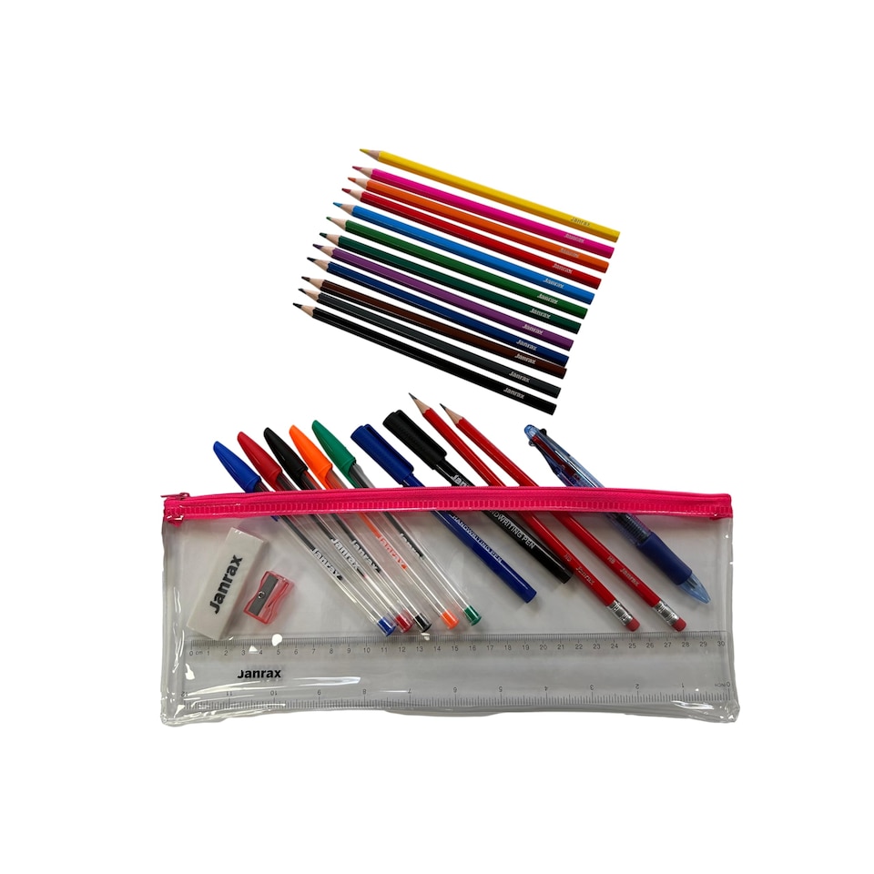 image 1 of Stationery Filled Pink Zip 13x5" Pencil Case with Colouring Pencils
