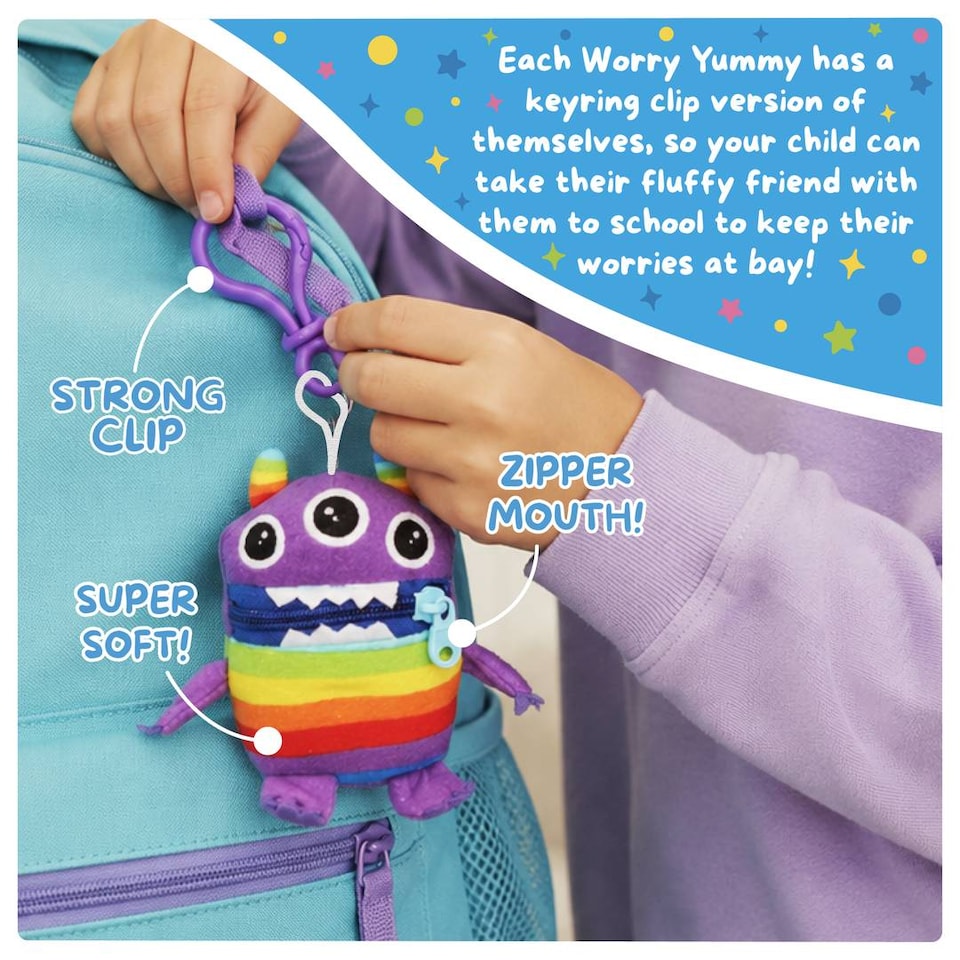 image 1 of Kids Worry Yummy Monster Clip-On Keyring Bag Charm Pram Pack of 5 Multicoloured Soft Toy Set