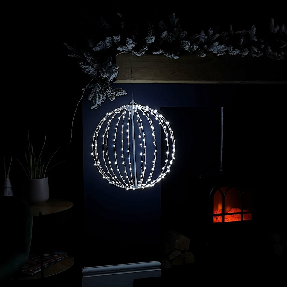 image 1 of 40cm Light up White Metal Frame Hanging Christmas Ball with 240 Cool White LEDs