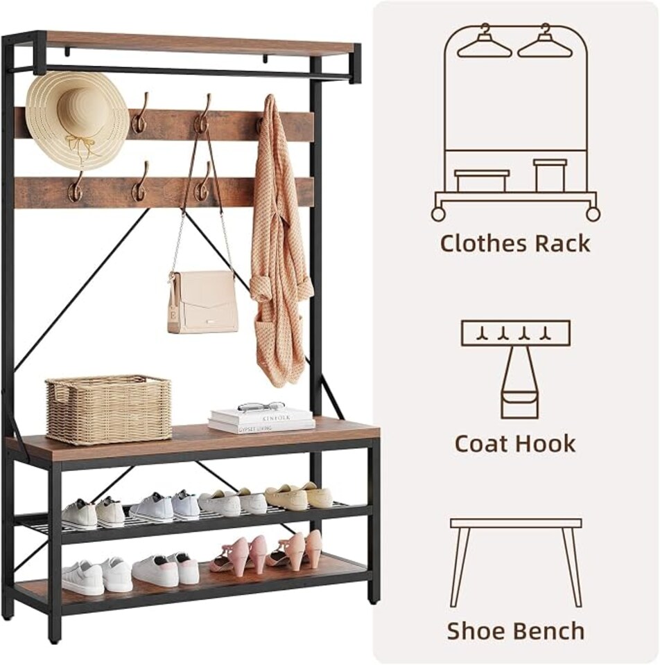 image 1 of London Boutique Hall Tree with Bench & 2-Tier Shoe Rack 102x40x183cm