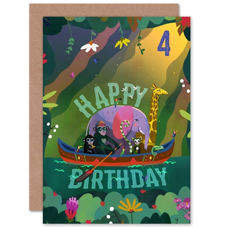 image 1 of Jungle Animals Boat Age 4 Year Old Child Kids 4th Birthday Card