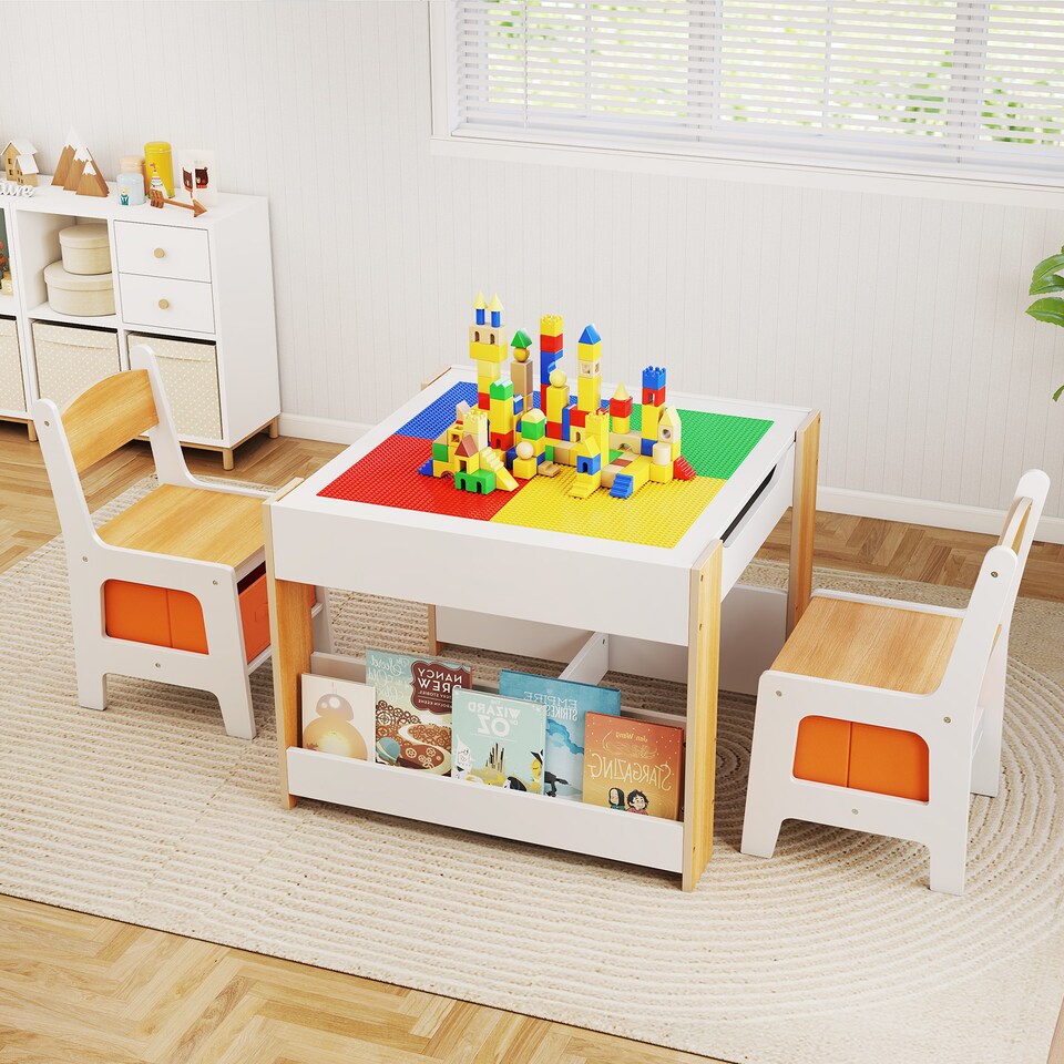 image 1 of COSTWAY Kids Table and 2 Chairs Set Multifunctional Natural