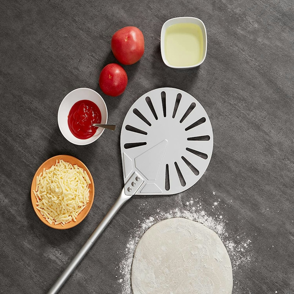 image 1 of Pizza Peel Paddle 9" 23cm Aluminium Round Perforated Oven Adjustable Detachable