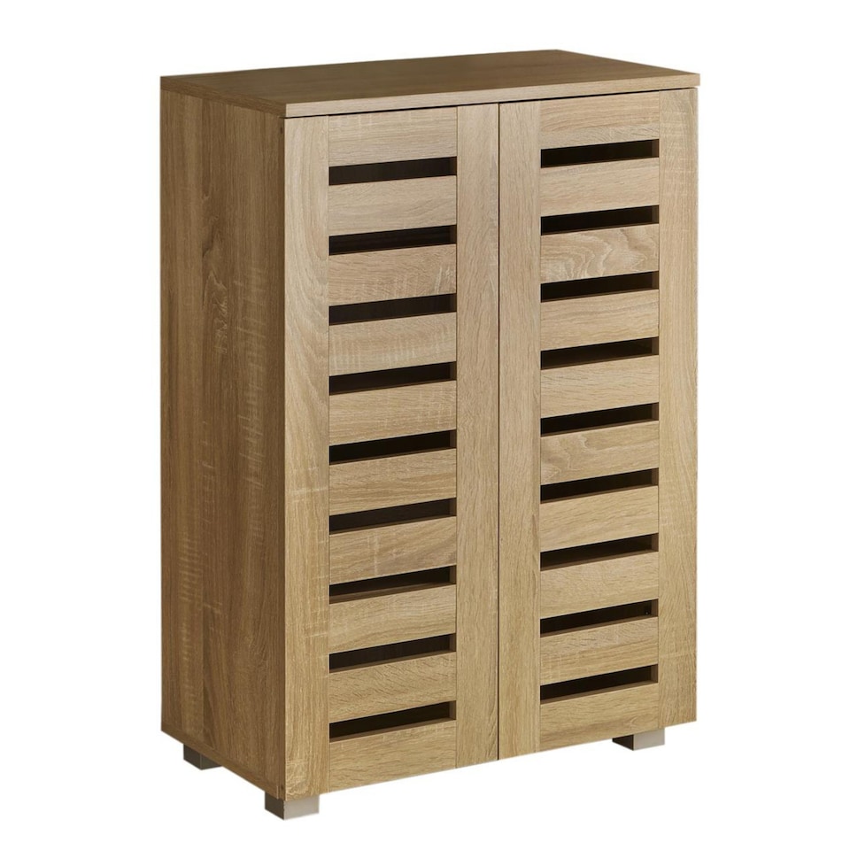 image 1 of Oslo 2 Door Wooden Shoe Storage Cabinet Rack Stand Cupboard Slatted Doors | Brown