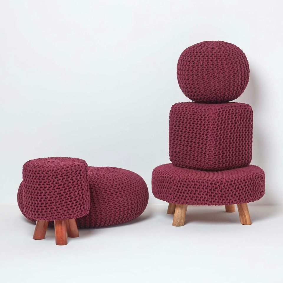 image 1 of Homescapes Plum Round Cotton Knitted Pouffe Footstool - 35 x 40 cm