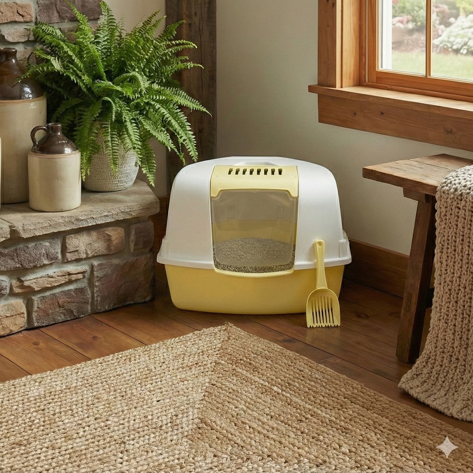 image 1 of Large Cat Corner Litter Tray Hooded Deep Cover Toilet Flap Box with Filter & Scoop | Yellow | Yellow | 1