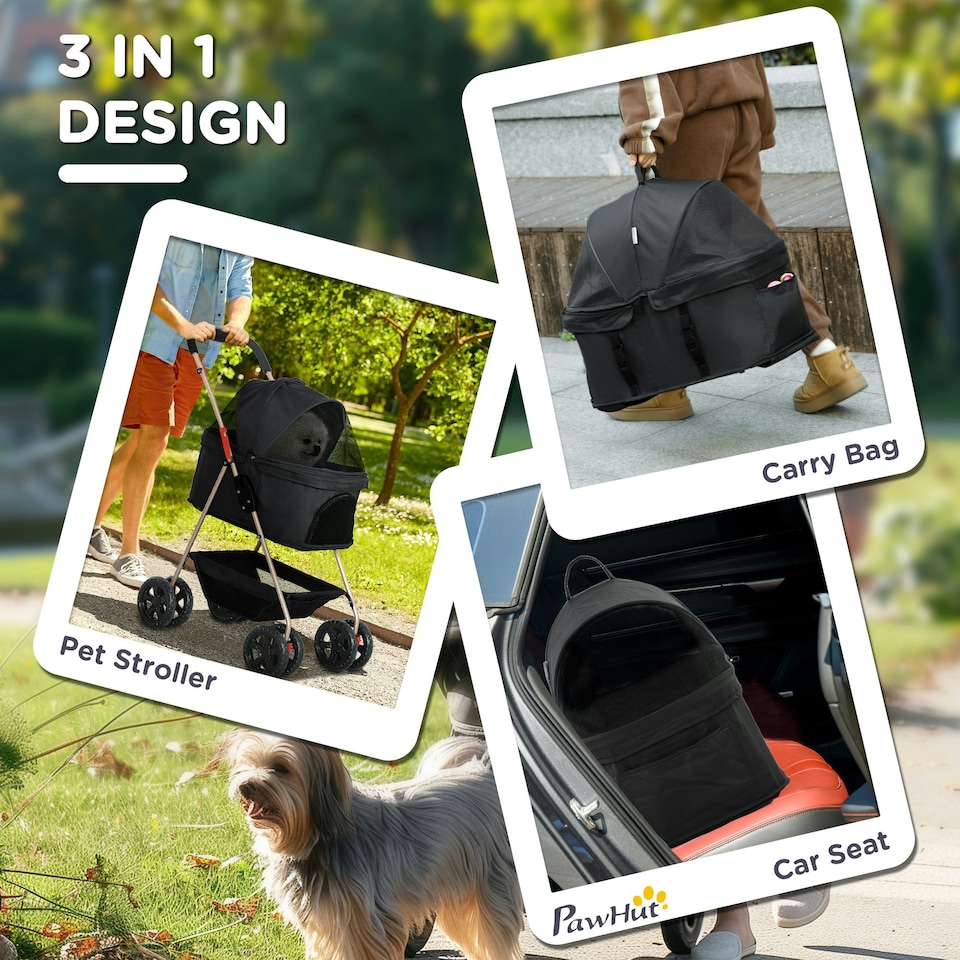 image 1 of PawHut 3-in-1 Pet stroller with Detachable Carrier for Mini Dogs, Black